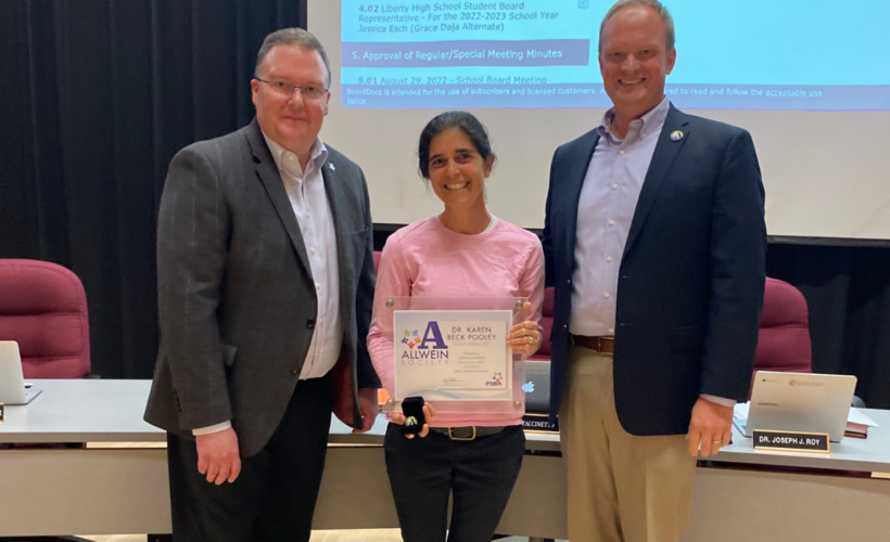 PSBA CEO Nathan Mains with 2022 Allwein Society inductee Karen Beck Pooley and Mike Faccinetto