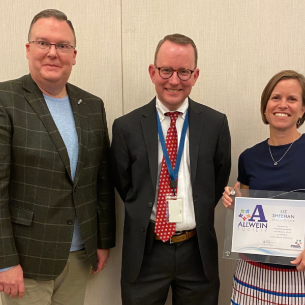 PSBA CEO Nathan Mains and Superintendent Dr. Charles Lentz with 2022 Allwein Society inductee Liz Sheehan