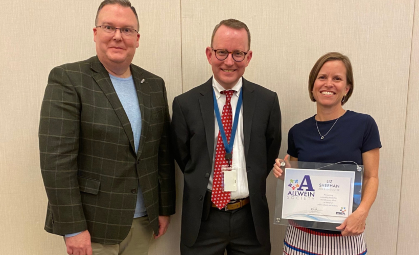 PSBA CEO Nathan Mains and Superintendent Dr. Charles Lentz with 2022 Allwein Society inductee Liz Sheehan