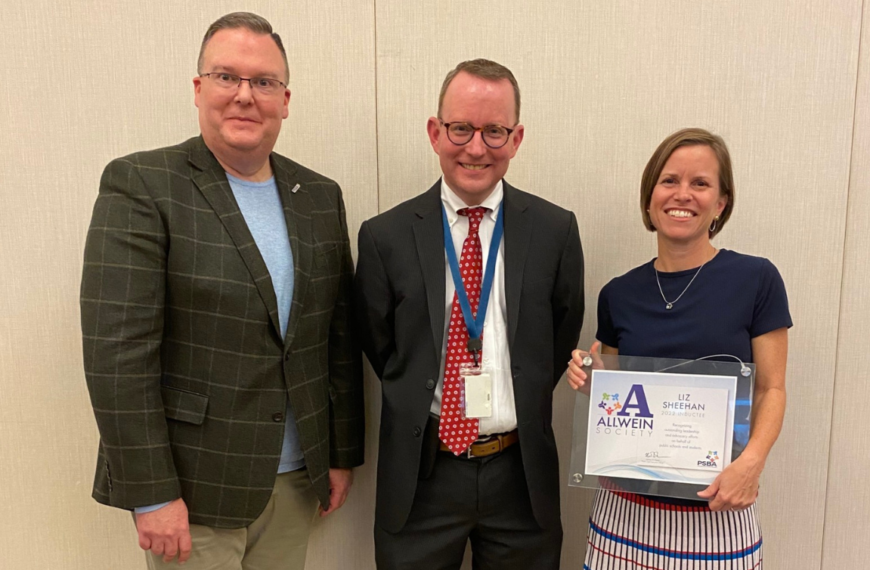 PSBA CEO Nathan Mains and Superintendent Dr. Charles Lentz with 2022 Allwein Society inductee Liz Sheehan