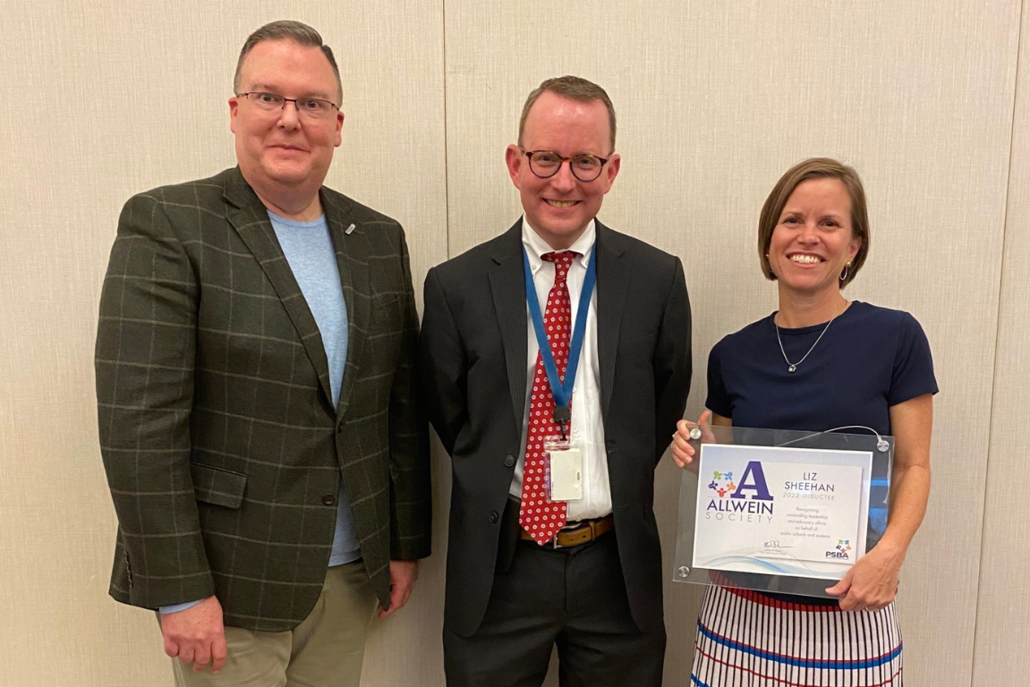 PSBA CEO Nathan Mains and Superintendent Dr. Charles Lentz with 2022 Allwein Society inductee Liz Sheehan